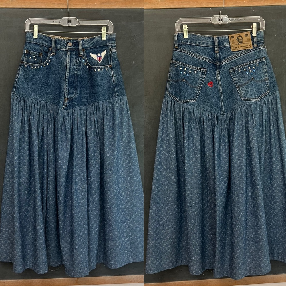 Denim Yoked Skirt, Vintage Upcycled Et Vous Jeans, Fiber Art Sz. 8